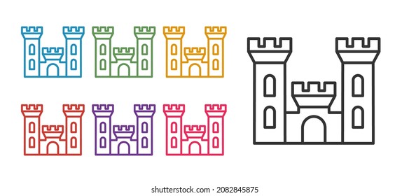 Set line Castle icon isolated on white background. Medieval fortress with a tower. Protection from enemies. Reliability and defense of the city. Set icons colorful. Vector