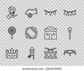 Set line Castle, Jumping trampoline, Carnival garland with flags, Firework rocket, Hand holding playing cards, Ticket, Drum drum sticks and Magic wand icon. Vector