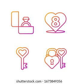 Set line Castle and key in heart shape, Key in heart shape, Diamond engagement ring and Heart with 8 March. Gradient color icons. Vector