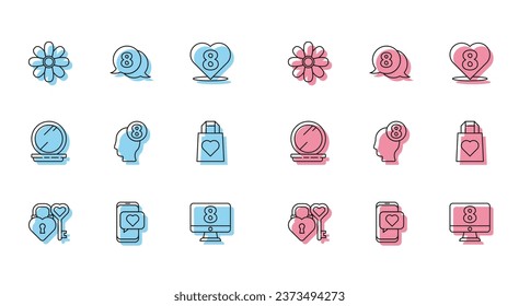 Set line Castle and key in heart shape, Online dating app chat, Flower, 8 March on monitore, human head, Shopping bag with, Makeup powder mirror and speech bubble icon. Vector