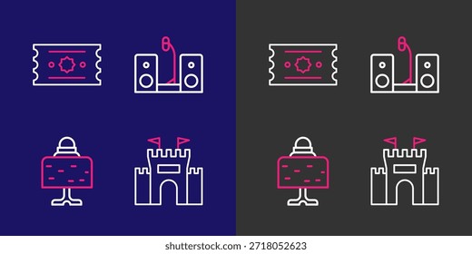 Set line Castle, Magic ball on table, Home stereo with two speakers and Ticket icon. Vector