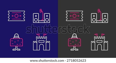 Set line Castle, Magic ball on table, Home stereo with two speakers and Ticket icon. Vector