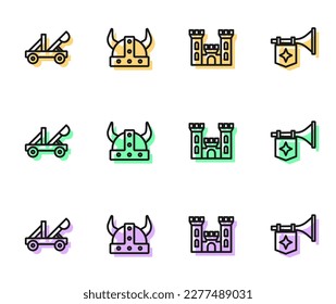 Set line Castle, Medieval catapult, Viking in horned helmet and Trumpet with flag icon. Vector