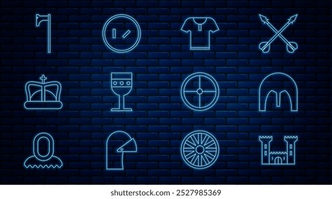 Set line Castle, Medieval iron helmet, Body armor, goblet, King crown, axe, Round wooden shield and  icon. Vector