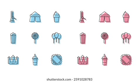 Set line Castle, Paper glass with drinking straw and water, High striker attraction big hammer, Ticket, Lollipop, Balloons ribbon, Popcorn cardboard box and Circus tent icon. Vector