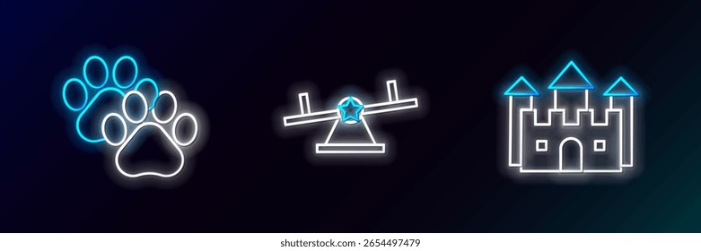 Establecer línea Castillo, impresión de la pata y el icono del balancín. Brillante neón. Vector