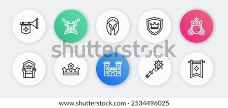 Set line Castle, Princess or queen, Medieval throne, Mace with spikes, Shield crown, helmet, flag and King icon. Vector