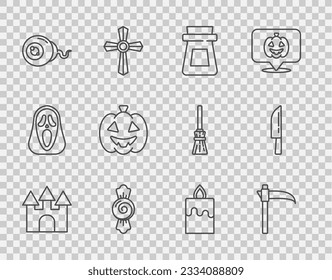 Set line Castle, Scythe, Bottle with potion, Candy, Eye, Pumpkin, Burning candle and Knife icon. Vector