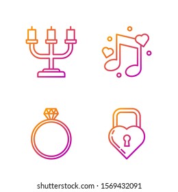 Set line Castle in the shape of a heart, Diamond engagement ring, Candlestick and Music note, tone with hearts. Gradient color icons. Vector