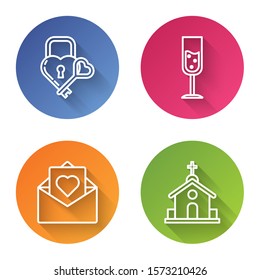 Set line Castle in the shape of a heart and key, Glass of champagne, Envelope with Valentine heart and Church building. Color circle button. Vector