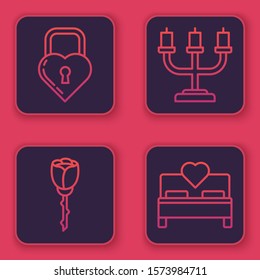 Set line Castle in the shape of a heart, Flower rose, Candlestick and Bedroom. Blue square button. Vector