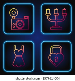 Set line Castle in the shape of a heart, Woman dress, Photo camera and Candlestick. Gradient color icons. Vector