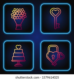 Set line Castle in the shape of a heart and key, Wedding cake with heart, Bouquet of flowers and Key in heart shape. Gradient color icons. Vector