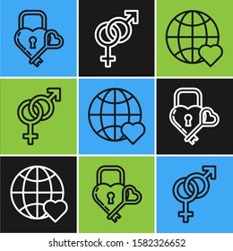 Set line Castle in the shape of a heart and key, The heart world love and Gender icon. Vector