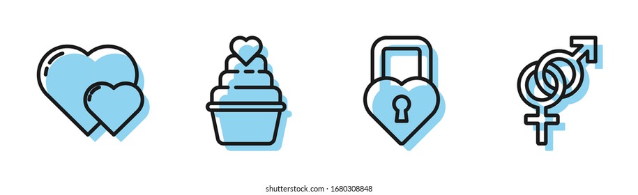 Fije la línea Castillo en forma de corazón, corazón, pastel de boda con el corazón y el icono de género. Vector