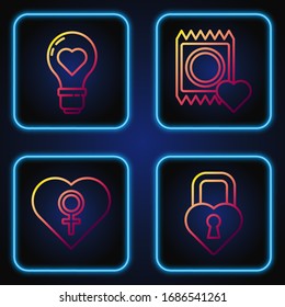 Colocar la línea Castillo en forma de corazón, Corazón con género femenino, Forma Corazón en una bombilla y Condón en el paquete. Iconos de color degradado. Vector