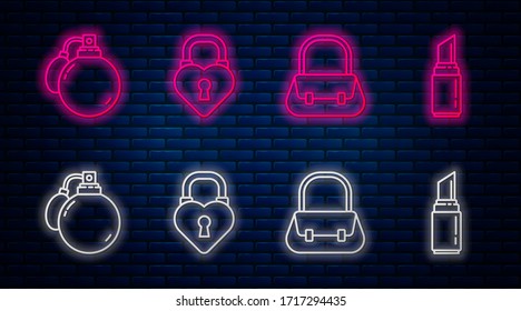 Set line Castle in the shape of a heart, Handbag, Perfume and Lipstick. Glowing neon icon on brick wall. Vector
