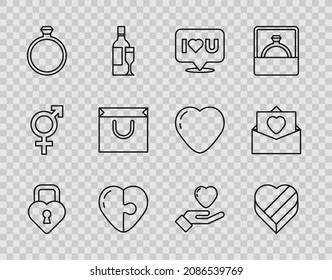 Fijar la línea Castillo en forma de corazón, caja con forma de Candy, burbuja de voz con yo te amo, Corazón, anillo de compromiso de diamantes, bolsa de compras, mano y sobre icono de San Valentín. Vector