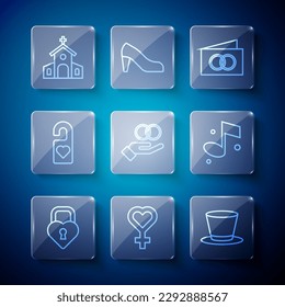 Set line Castle in the shape of heart, Female gender symbol, Cylinder hat, Greeting card, Wedding rings, Please do not disturb, Church building and Music note icon. Vector