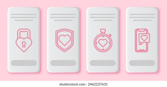 Fijar línea Castillo en forma de corazón, Corazón con escudo, Corazón en el centro cronómetro y Smartphone con burbuja de habla de corazón. Botón rectangular blanco. Vector