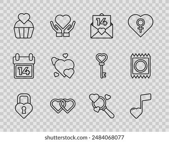 Set line Schloss in der Form eines Herzens, Noten, Ton mit Herzen, Umschlag Valentine, Zwei Linked Hearts, Hochzeit Kuchen, Suchen und Liebe und Kondom Paket Ikone. Vektorgrafik