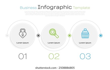 Set line Castle in the shape of heart, Search and love and Wedding cake with. Business infographic template. Vector