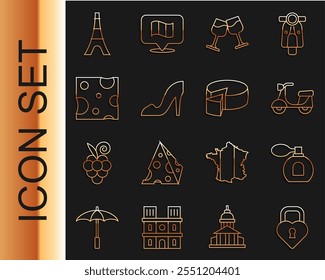 Set line Castle in the shape of heart, Perfume, Scooter, Wine glass, Woman shoe, Cheese, Eiffel tower and  icon. Vector