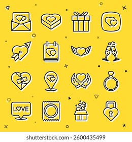 Set line Castle in the shape of heart, Wedding rings, Glass champagne, Gift box, Calendar with, Amour and arrow, Envelope Valentine and Heart wings icon. Vector