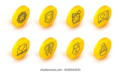 Línea de conjunto, Castillo en forma de corazón, Símbolo de género femenino, Laptop con, Me gusta y corazón, Reloj despertador central, escudo y dardos icono de objetivo. Vector