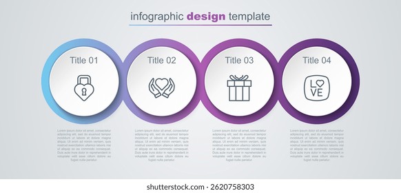 Set line Castle in the shape of heart, Heart hand, Gift box and Love text. Business infographic template. Vector