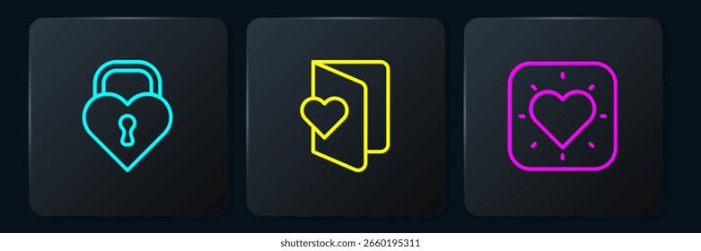 Set line Castle in the shape of heart, Heart and Valentines day flyer. Black square button. Vector