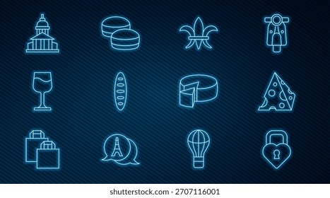 Fije la línea del castillo en la forma del corazón, del queso, de Fleur De Lys, del pan francés de la baguette, de la copa de vino, del edificio del museo, y del icono de la galleta de Macaron. Vector