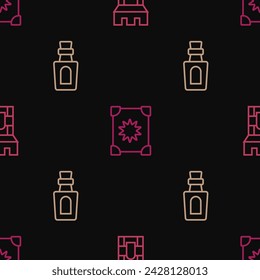 Set line Castle tower, Bottle with potion and Ancient magic book on seamless pattern. Vector