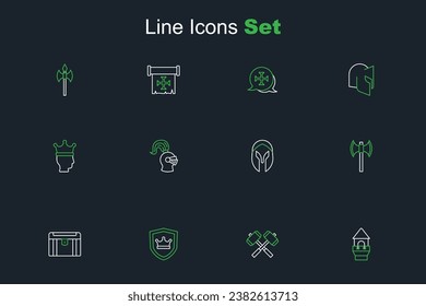 Set line Castle tower, Crossed battle hammers, Shield with crown, Antique treasure chest, Medieval poleaxe, helmet,  and King icon. Vector