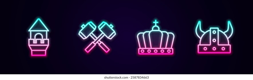 Set line Castle tower, Crossed battle hammers, King crown and Viking horned helmet. Glowing neon icon. Vector