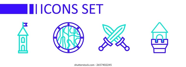Set line Castle tower, Crossed medieval sword, Round wooden shield and  icon. Vector