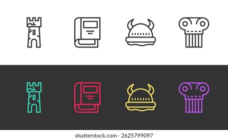 Set line Castle tower, History book, Viking in horned helmet and Ancient column on black and white. Vector