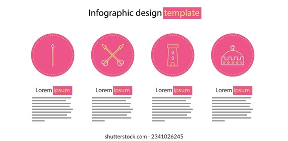 Set line Castle tower, King crown, Medieval crossed arrows and spear icon. Vector