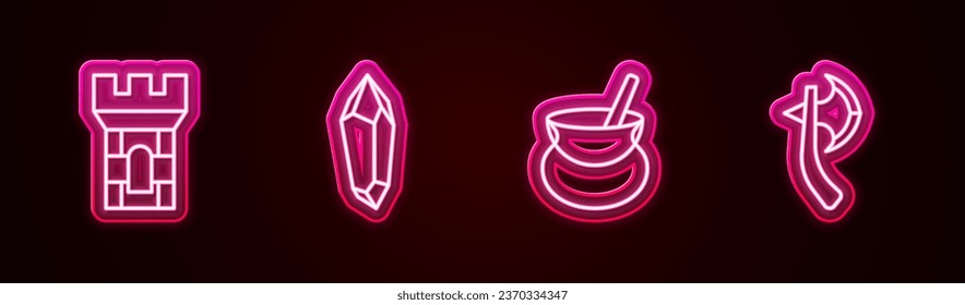 Set line Castle tower, Magic stone, Witch cauldron and Wooden axe. Glowing neon icon. Vector