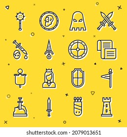 Set line Castle tower, Medieval flag, Decree, parchment, scroll, Executioner mask, Dagger, Sword with blood, chained mace ball and Round wooden shield icon. Vector
