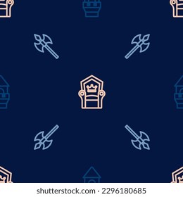 Set line Castle tower, Medieval axe and throne on seamless pattern. Vector