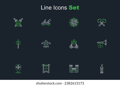 Set line Castle tower, Medieval flag, Crusade, Trumpet with, Princess or queen, Fleur lys lily flower and axe icon. Vector