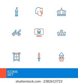 Set line Castle tower, Medieval sword, flag, King crown, catapult, helmet,  and  icon. Vector