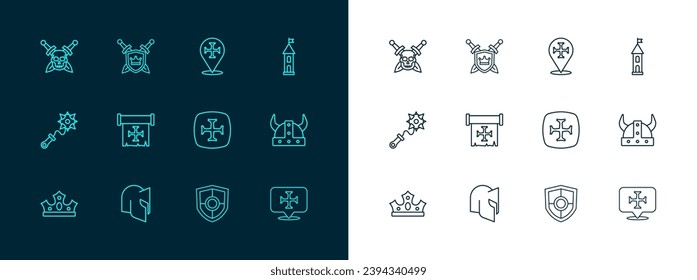 Set line Castle tower, Medieval helmet, Crusade, Shield, Skull with sword and swords icon. Vector