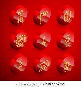 Set line Castle tower, Medieval flag, Shield, Ancient coin, Dagger, Old money bag, Torch flame and King crown icon. Vector