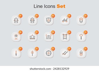 Set line Castle tower, Medieval arrows, Round shield, axe, sword, Battle hammer, flag and Viking in horned helmet icon. Vector