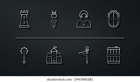 Torre del castillo, bola de macizo encadenada medieval, escudo, bandera, castillo, fortaleza, llama de la antorcha, barril de madera e icono del monje. Vector