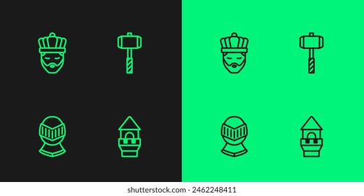 Torre del castillo, casco medieval, rey con corona e icono de martillo de batalla. Vector