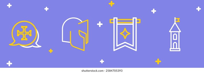 Set line Castle tower, Medieval flag, helmet and Crusade icon. Vector