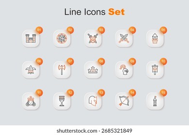 Set line Castle tower, Medieval bow and arrow, helmet, goblet, Princess or queen, flag,  and King crown icon. Vector